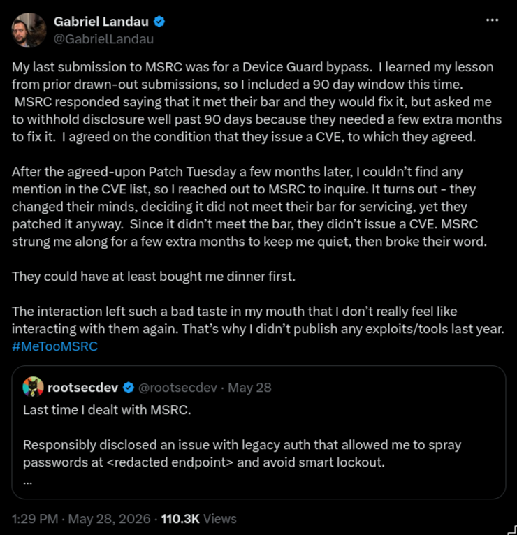 Gabriel Landau's tweet about MSRC